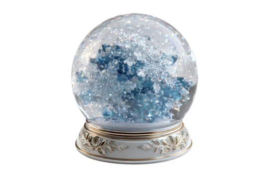Winter Wonderland in a Snow Globe: A mesmerizing snow globe, housing a miniature winter scene with delicate snowflakes suspended in clear liquid. Sparkles in a serene display of seasonal magic.