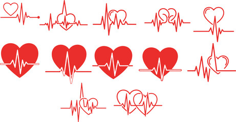 Collection of heartbeat ekg line designs with red hearts and medical pulse graphics