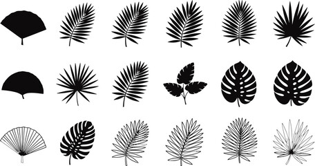 Collection of black and white stylized tropical palm leaves and foliage silhouettes on a white background