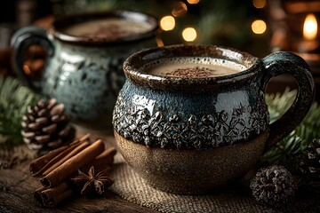 Cozy Coffee Moments: Ceramic Mugs and Cinnamon in a Festive Holiday Atmosphere with Rustic Charm and Vintage Decor
