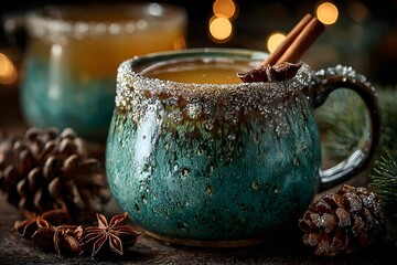 Festive Spiced Cider in Handcrafted Pottery Mug: A Soulful Indulgence with Cinnamon Sticks and Glistening Sugar Rim for Cozy Holiday Gatherings