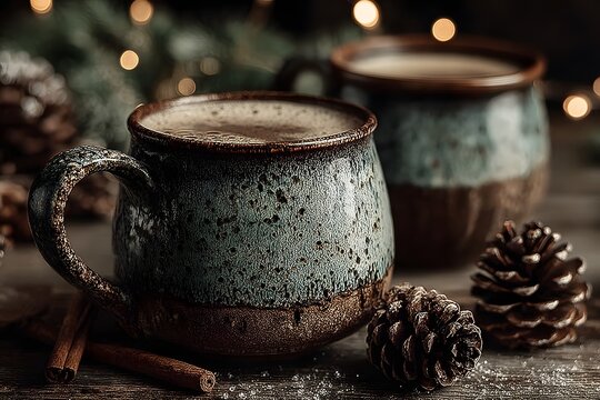 Cozy Autumn Ambiance with Rustic Charm: Handcrafted Coffee Mugs and Holiday Vibes Featuring Pine Cones, Cinnamon Sticks, and Festive Decor on a Wooden Table