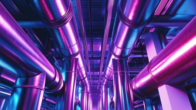 Industrial pipelines glowing with vibrant neon light