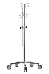 Naklejka premium Medical intravenous drip stand with wheels and multiple hooks isolated with transparent background