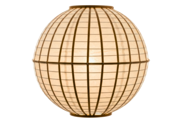 Spherical paper lantern with wooden grid frame glowing warmly isolated with transparent background
