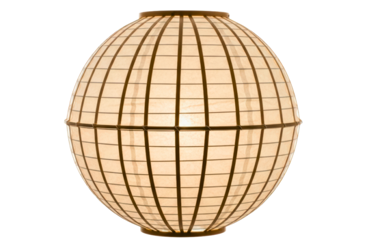 Spherical paper lantern with wooden grid frame glowing warmly isolated with transparent background