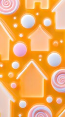 Whimsical Shapes and Vibrant Circles on an Orange Background: A Playful Abstract Art Design with Dreamy Houses for Cheerful Decor