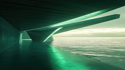 Futuristic concrete structure extending over a calm ocean