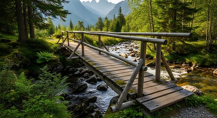Wooden Bridge Spanning a Creek in a Lush Forest Setting.