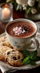 Hot Chocolate Delight with Peppermint and Cookies: A Cozy Winter Warmth of Gourmet Desserts and Drinks in a Romantic Hygge Setting