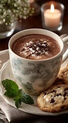 Cozy Ambiance with Homemade Hot Chocolate: Sweet Indulgence in a Candlelit Setting with Delicious Cookies, Ceramic Mug, and Mint Leaves for Winter Warmth and Holiday Comfort
