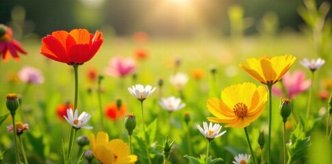 Obraz premium A vibrant Easter egg hunt in a lush meadow with scattered colorful eggs and playful bunnies. A wide shot of a sun dappled meadow bursting with colorful wildflowers. Scattered amongst the blooms are