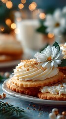 Festive Delicate Desserts: Whipped Cream-Adorned Cookies with Floral Touch in Cozy Soft Lighting