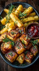 Herb-Infused Roasted Veggies & Golden Potatoes: A Crispy Textured, Gourmet Comfort Food Gem with Rosemary & BBQ Sauce Garnish