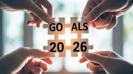Hands holding puzzle pieces with word GOALS and year 2026 symbolize teamwork and collaboration towards achieving future objectives. This conveys sense of unity and purpose