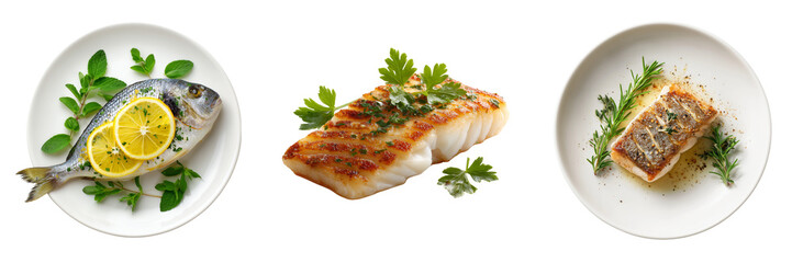 Whole fish with lemon and herbs on plate grilled fish fillet with parsley and seasoned fish fillet with rosemary isolated on a transparent background
