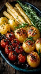 Golden Potatoes and Roasted Tomatoes with Aromatic Rosemary: A Vibrant, Earthy, Rustic Dish Featuring Seasonal Flavors and Succulent Textures for a Delectable Gourmet Platter