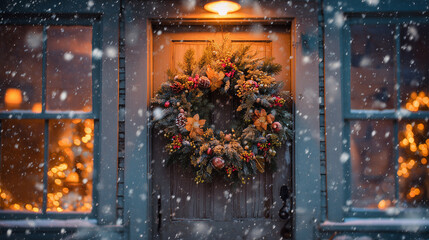 Festive Christmas wreath on door with gentle snowfall.