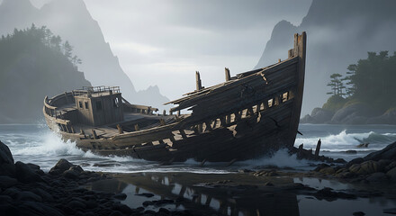 Eerie Shipwreck Remains on Rocky Beach at Dawn