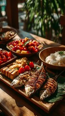 Tropical Cuisine Showcase: Grilled Fish and Vibrant Salads with Aromatic Rice and Exotic Fruits on a Wooden Platter - A Culinary Delight in Sunlit Outdoor Dining Ambiance