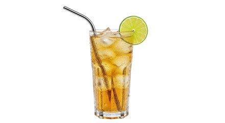 Isolated glass of iced tea with lemon garnish and metal straw for beverage consumption