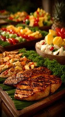 Exquisite Buffet Presentation Featuring Grilled Salmon, Vibrant Salad, and Fresh Fruit Platter for a Culinary Delight in Healthy Summer Feast