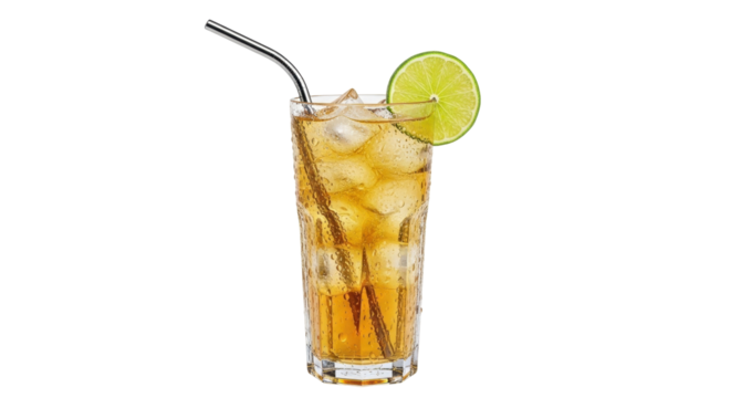 Isolated glass of iced tea with lemon garnish and metal straw for beverage consumption