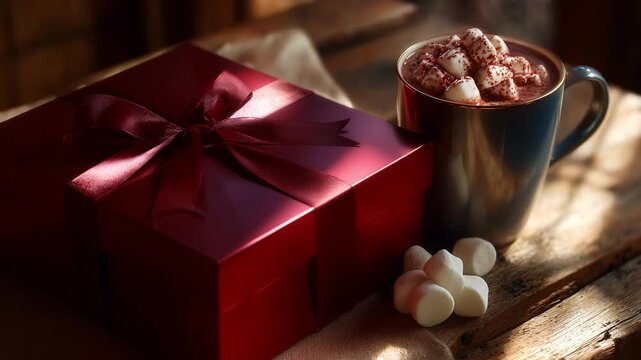 Warm and Inviting Holiday Cocoa Setup Featuring a Gift Box and Mug Overflowing with Marshmallows, Perfect for Winter Gatherings and Festive Celebrations