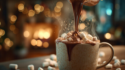 Cozy slow-motion hot chocolate pour with festive background.