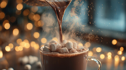 Cozy slow-motion hot chocolate pour with festive background.