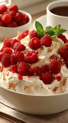 Raspberries Whipped Cream Dessert Bowl &ndash; Summery Indulgence with Fluffy Meringue and Sweet Syrup Drizzle in Cozy Kitchen Scene
