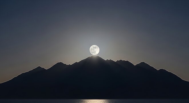 Full Moon Rising Over Silhouetted Mountain Range Reflected in Water. - Powered by Adobe