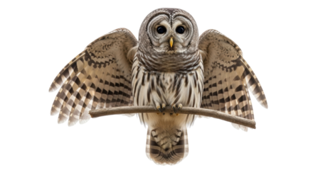 Isolated Barred Owl perched on a branch, wings spread in defensive display, bird of prey, wildlife