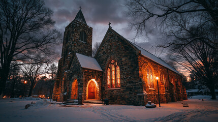 Peaceful snowy church with glowing stained glass and bells.