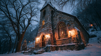 Peaceful snowy church with glowing stained glass and bells.