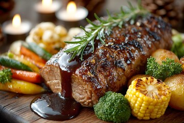 Exquisite Grilled Steak and Vegetables with Rosemary Garnish in a Rustic Candlelight Setting - A Satisfying Barbecue Sauce Culinary Delight for an Elegant Farm-to-Table Dining Experience