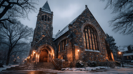 Peaceful snowy church with glowing stained glass and bells.
