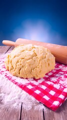 Home Baking Magic: Rolling Pin, Dough & Flour on a Rustic Wooden Table in a Cozy Gingham-Draped Kitchen for Artisan Culinary Arts Photography
