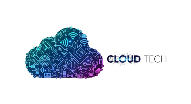 Abstract cloud shape formed by technology icons and circuits.
