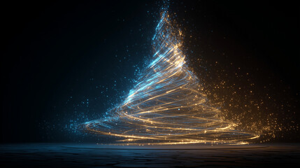 Futuristic holographic Christmas tree made of digital particles.