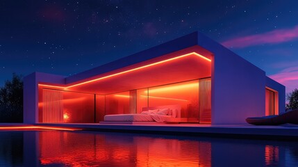 Modern luxury house with red light at night