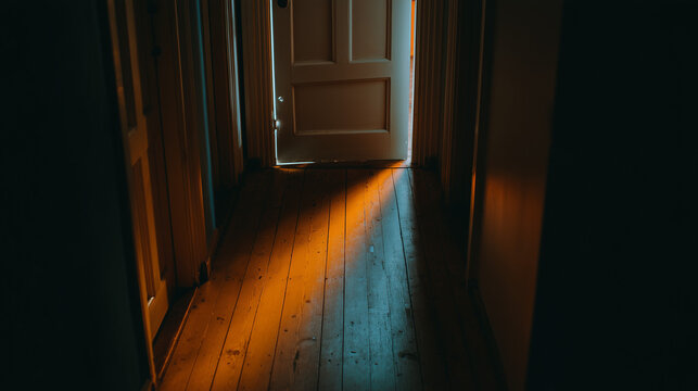 algicide. Dim corridor with a half-open door, mysterious light streaming through the crack. real-estate listings, architecture portfolios, designed for interior renovation comparisons for interiors.
