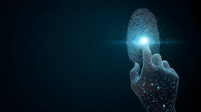 Illuminated fingerprint scanning technology showcases digital security with a glowing fingertip touching a fingerprint pattern, symbolizing access and data protection.