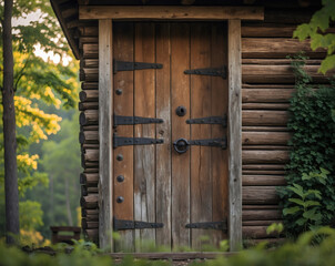 Wooden door of a rustic cabin surrounded by lush greenery at sunset, inviting mystery and warmth of nature