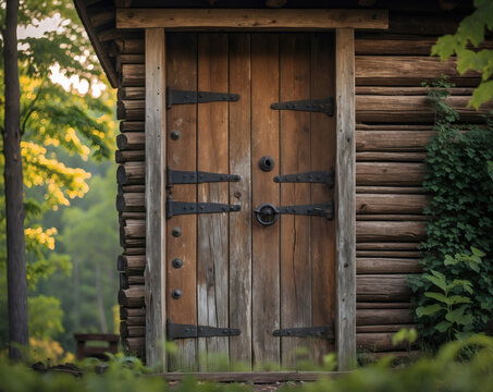 Wooden door of a rustic cabin surrounded by lush greenery at sunset, inviting mystery and warmth of nature