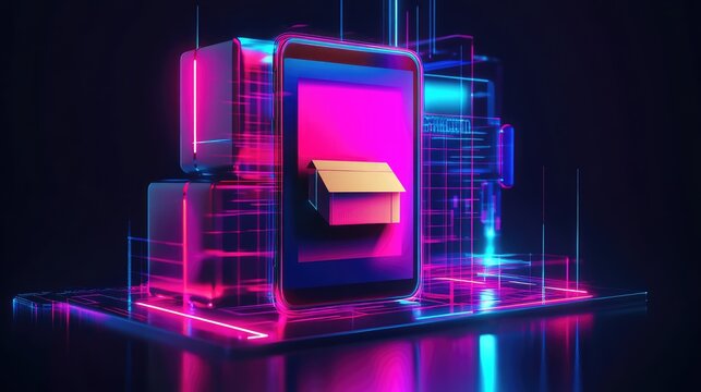 Smartphone displaying package in vibrant neon e commerce scene
