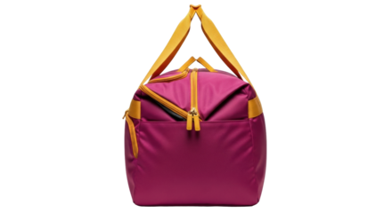 Isolated magenta duffel bag with gold straps, a versatile travel companion for weekend getaways
