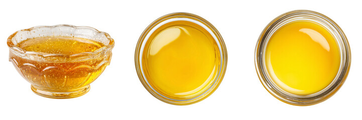 Three views of golden honey in glass containers including a bowl and jars isolated on a transparent background