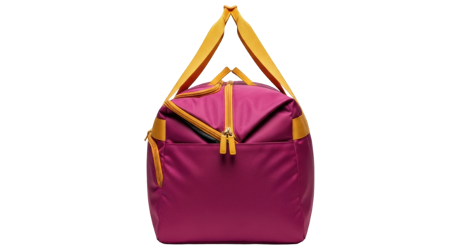 Isolated magenta duffel bag with gold straps, a versatile travel companion for weekend getaways