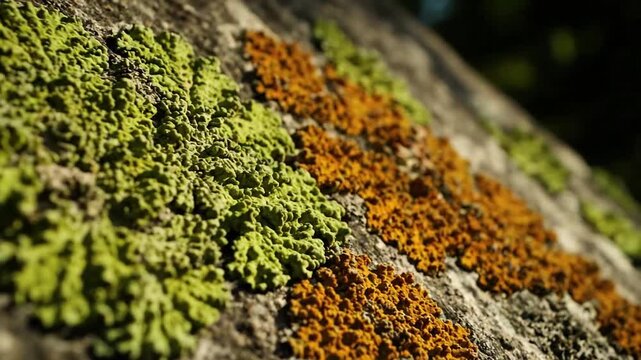 Macro view of lichen colonies interacting with moss and bark, highlighting the symbiotic relationships and delicate ecosystem. Exploring the intricate interdependencies between different natural?
